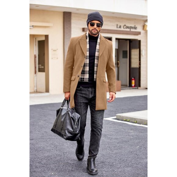 Men's Coffee Trench Overcoat Wool Blend Coat with Detachable Single Breasted - Picture 3 of 6